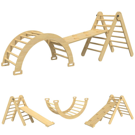 Pelnuies Pikler Triangle Set, 7 in 1 Wooden Montessori Climbing Set with Ramp for Sliding or Climbing, Foldable Toddler Climbing Toys Indoor Playground, Jungle Gyms for Toddlers 1-3, Natural Pelnuies