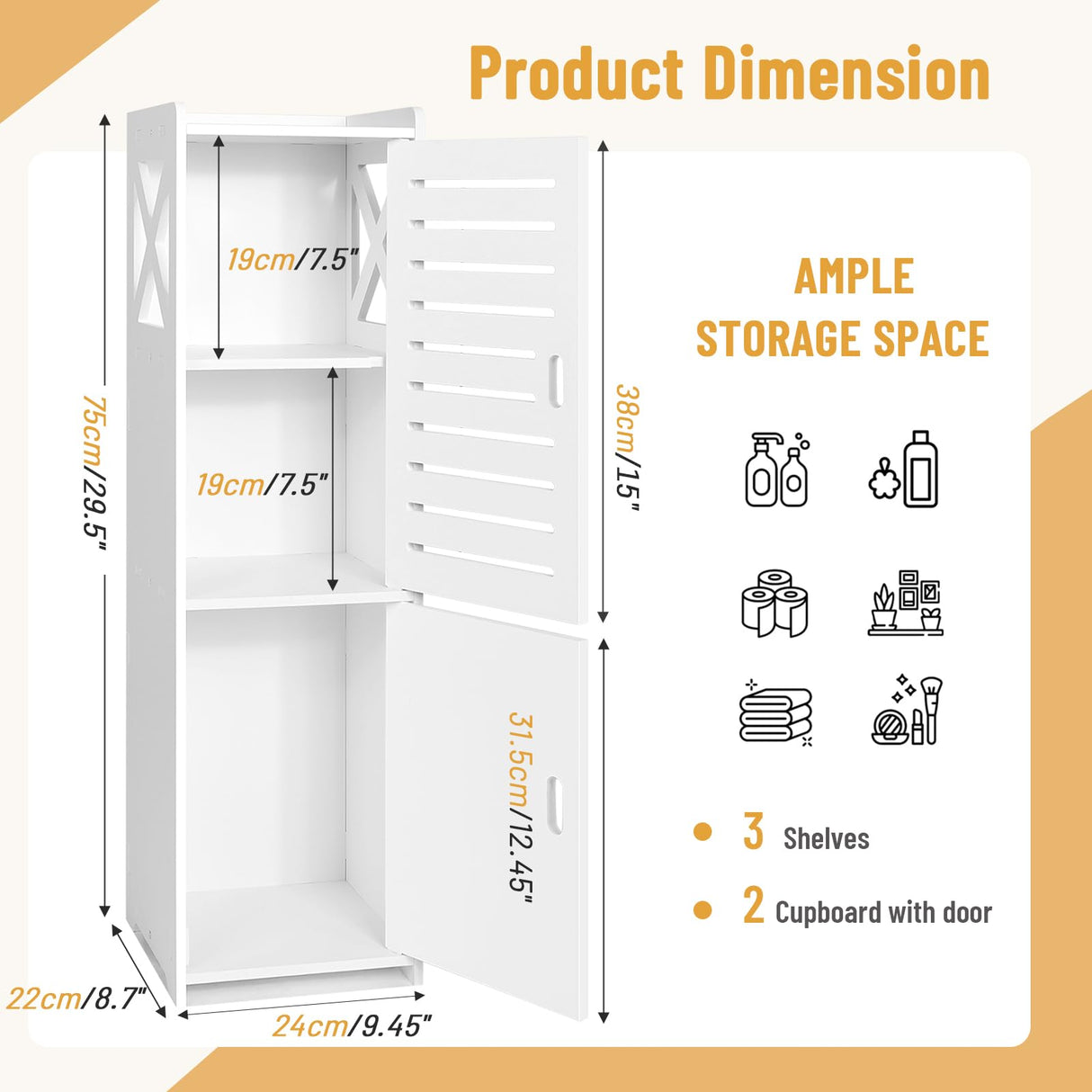 MOBPMO Bathroom Floor Cabinet Freestanding Double Door 3-Tier Side Storage Organizer Cabinet Unit, Multipurpose Waterproof Small Storage Cabinet for Bathroom, Bedroom, Office, White MOBPMO