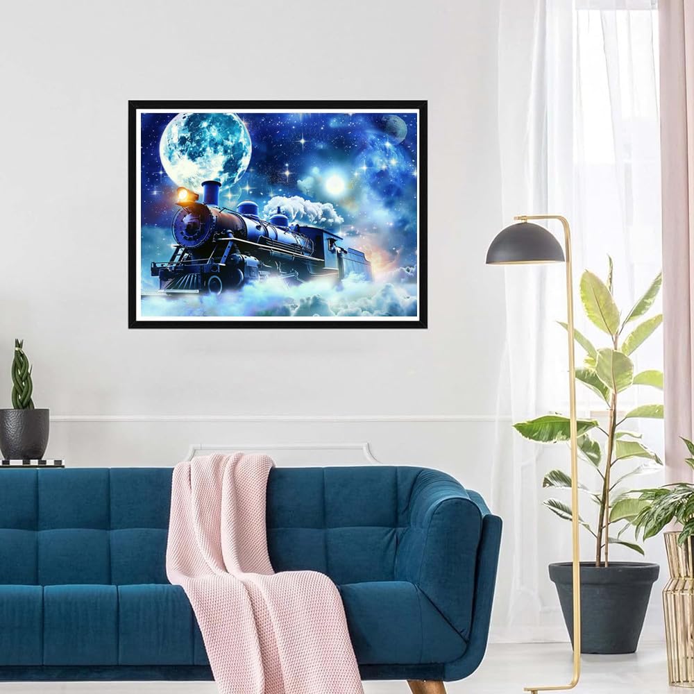 pigpigboss Moon Train Diamond Painting Kits, 5D Full Drill Big Moon and Train Diamond Art for Adult Beginner Home Office Wall Decor (15.7 x 11.8 inches) pigpigboss