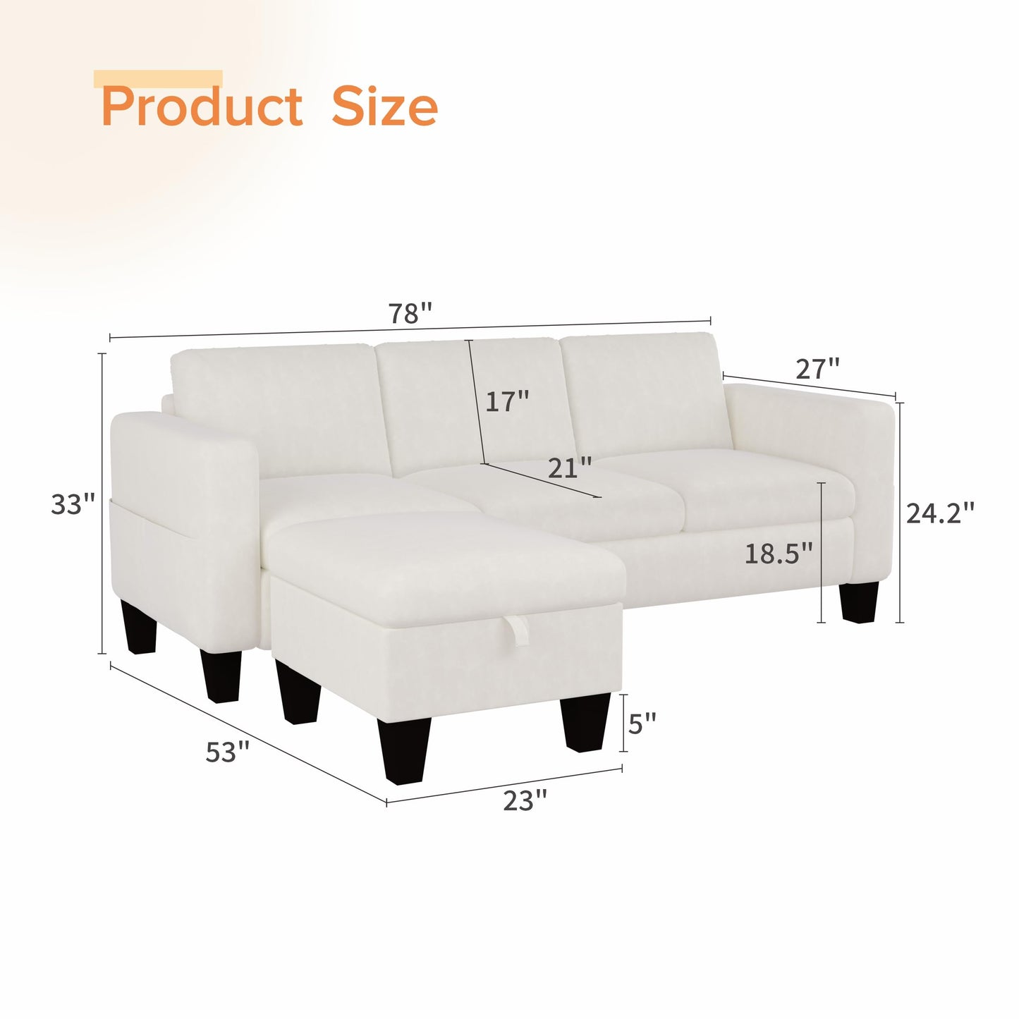 ZeeFu Convertible Sectional Sofa Couch,Classic 3 Seat L-Shaped Sofa Set with Movable Ottoman, Modern Beige Velvet Fabric Upholstered Small Sectional Sofa Couch for Small Apartment Living Room Office