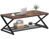 LVB Rustic Coffee Table with Storage, Industrial Wood Metal 2 Tier Center Living Room Table with Mesh Shelf, Farmhouse Wooden Low Rectangle Cocktail Tea Table for Office Bedroom, 47 inch, Rustic Brown LVB