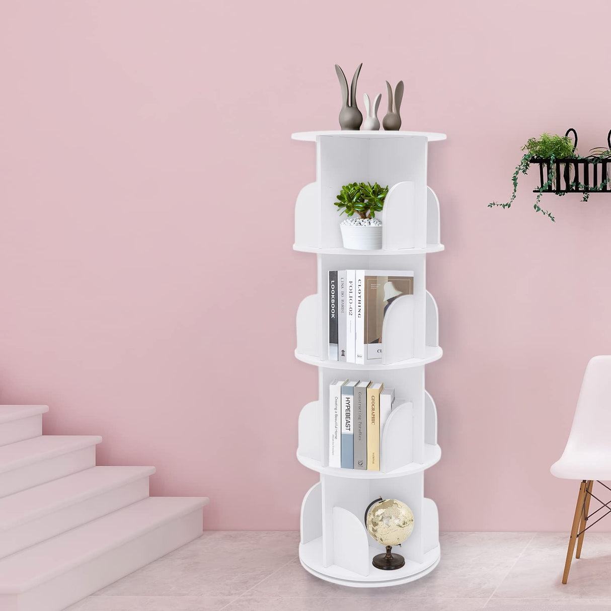 Qiucenmium 4-Tier Rotating Bookshelf Tower for Kids and Adults - Stylish 360° Revolving Bookcase Qiucenmium