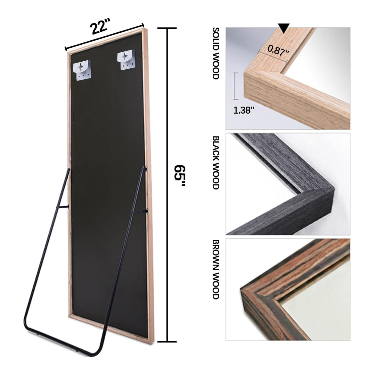 TheiaMo 65"×22" Wooden Full Length Mirror, Floor Mirror with Standing Holder Leaning/Hanging Mirror Wood Frame Large Wall-Mounted Mirror for Bedroom/Living Room, Solid Wood TheiaMo