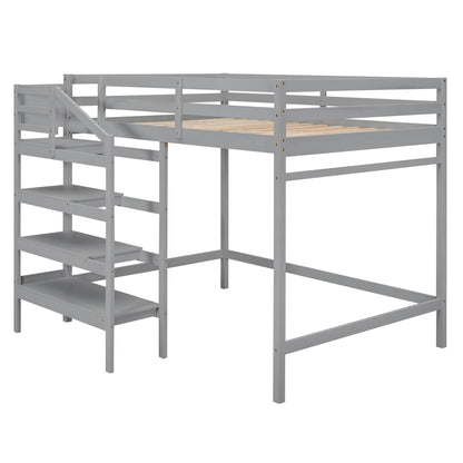 SOFTSEA Grey Full Size Loft Bed with Storage Stairs and Hanger for Kids and Adults - WoodArtSupply