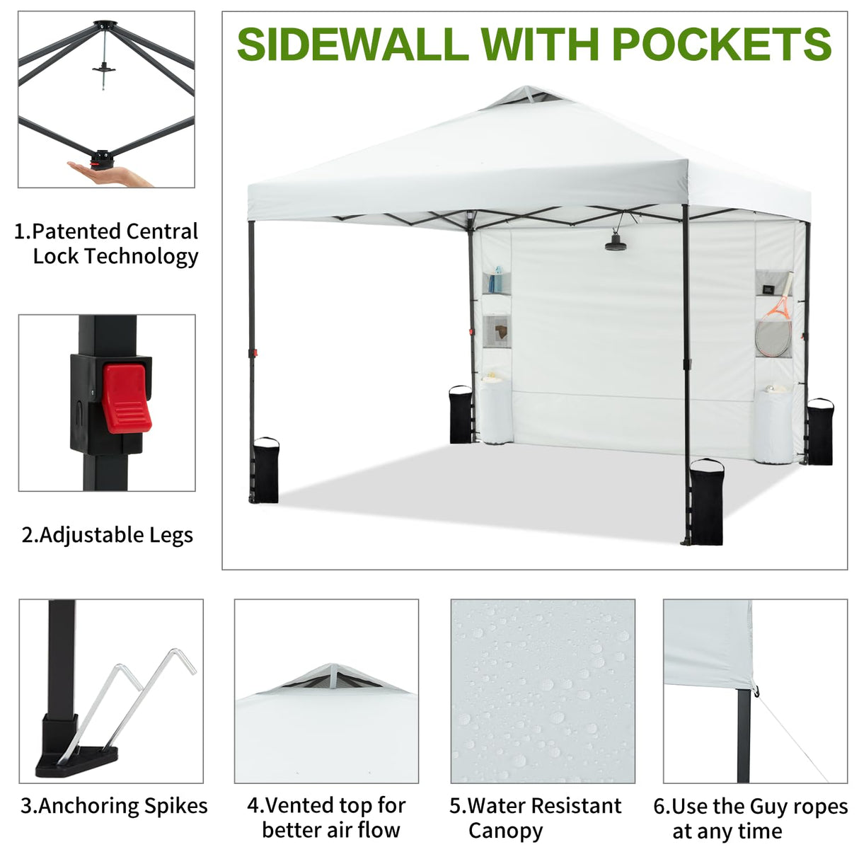Tunbne 10'x10' Pop Up Canopy Tent with Sidewall and 6 Pockets, Patented One Push, Instant Shade Canopy with Vented Roof for Patio Outdoor, Case, 8 Stakes, 4 Ropes, 4 Sandbags (White) Tunbne