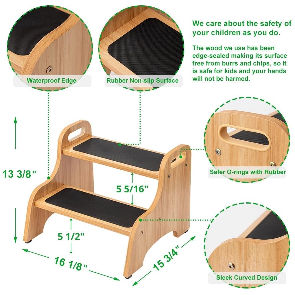 StrongTek Wooden 2 Step Stools for Kids, Toddler with Non-Slip Stepping Surface, Portable Stool with Handles for Bathroom Kitchen and Bedroom, 400 lbs Capacity (Natural) StrongTek