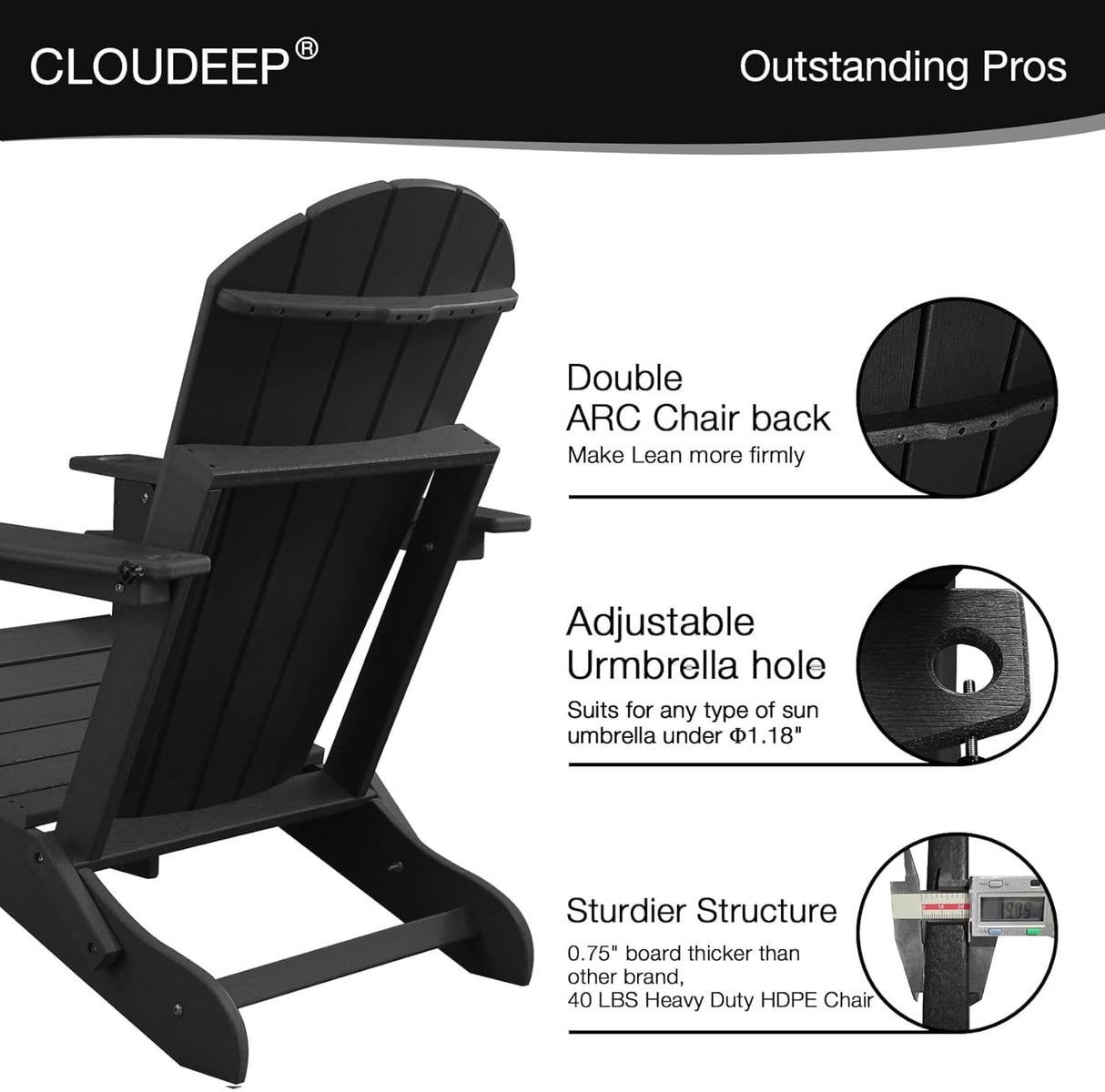CLOUDEEP Folding Adirondack Chairs Outdoor Chair, HDPE Patio Chair for Deck Garden Backyard Balcony, Weather Resistant & Comfortable, Black CLOUDEEP