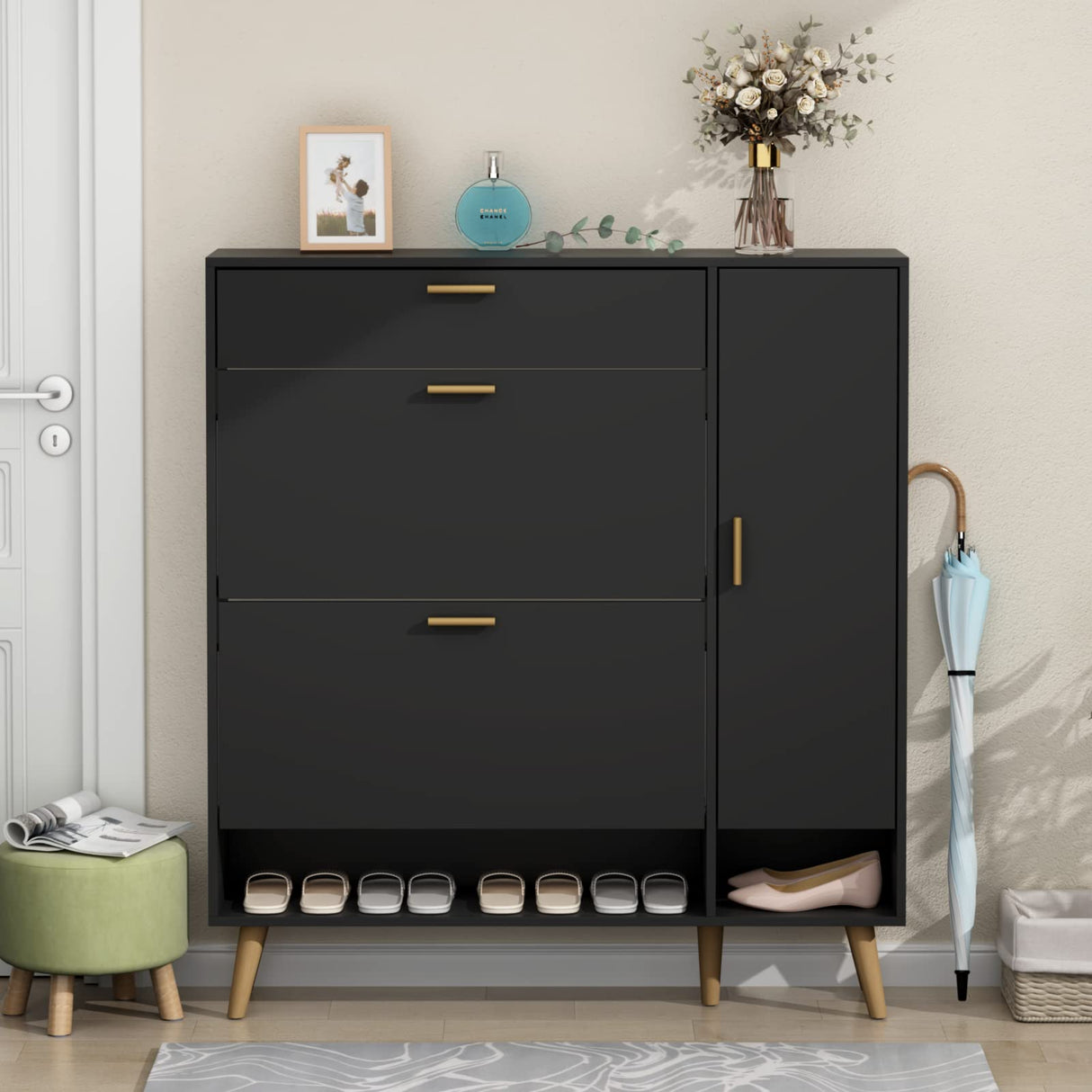 Gyfimoie Shoe Rack Cabinet, Free Standing Shoes Storage Organizer Cabinet with 2 Flip Drawers, Entryway Narrow Shoe Rack Storage with Doors for Entryway Gyfimoie