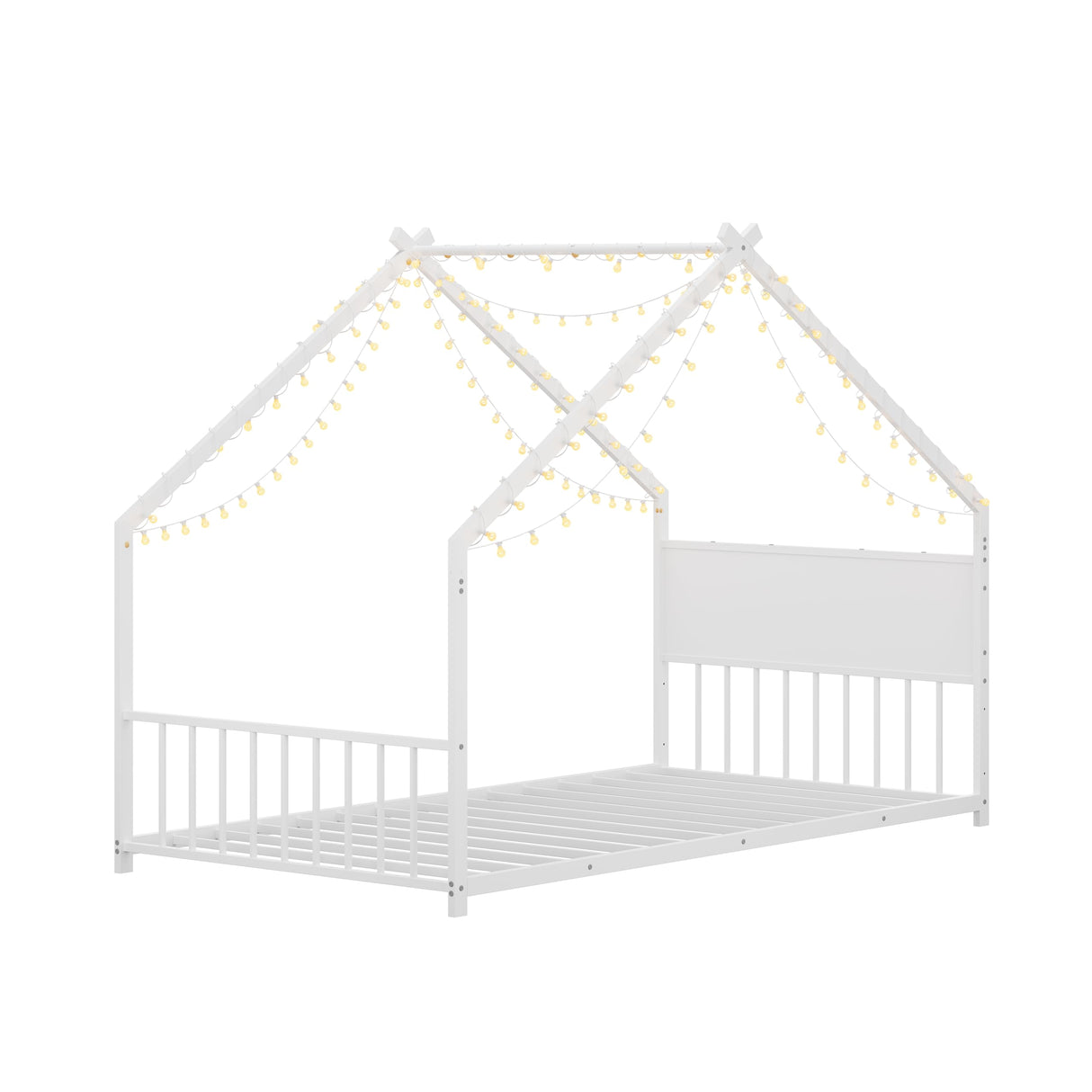 Twin Size Montessori Floor Bed with RGB LED Light, Twin Size House Floor Bed with High Headboard and Footboard, Twin Floor Bed with Slats, Twin Floor Bed for Kids(Twin White) Bellemave