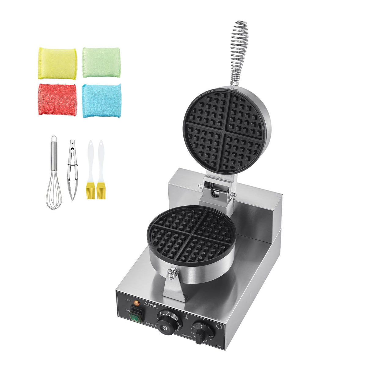 VEVOR Commercial Waffle Maker, 1230W Round Waffle Baker Machine, Non-Stick Stainless Steel Belgian Waffle Iron with Temperature and Time Control, Handle, for Restaurant Bakery Snack Bar Family VEVOR
