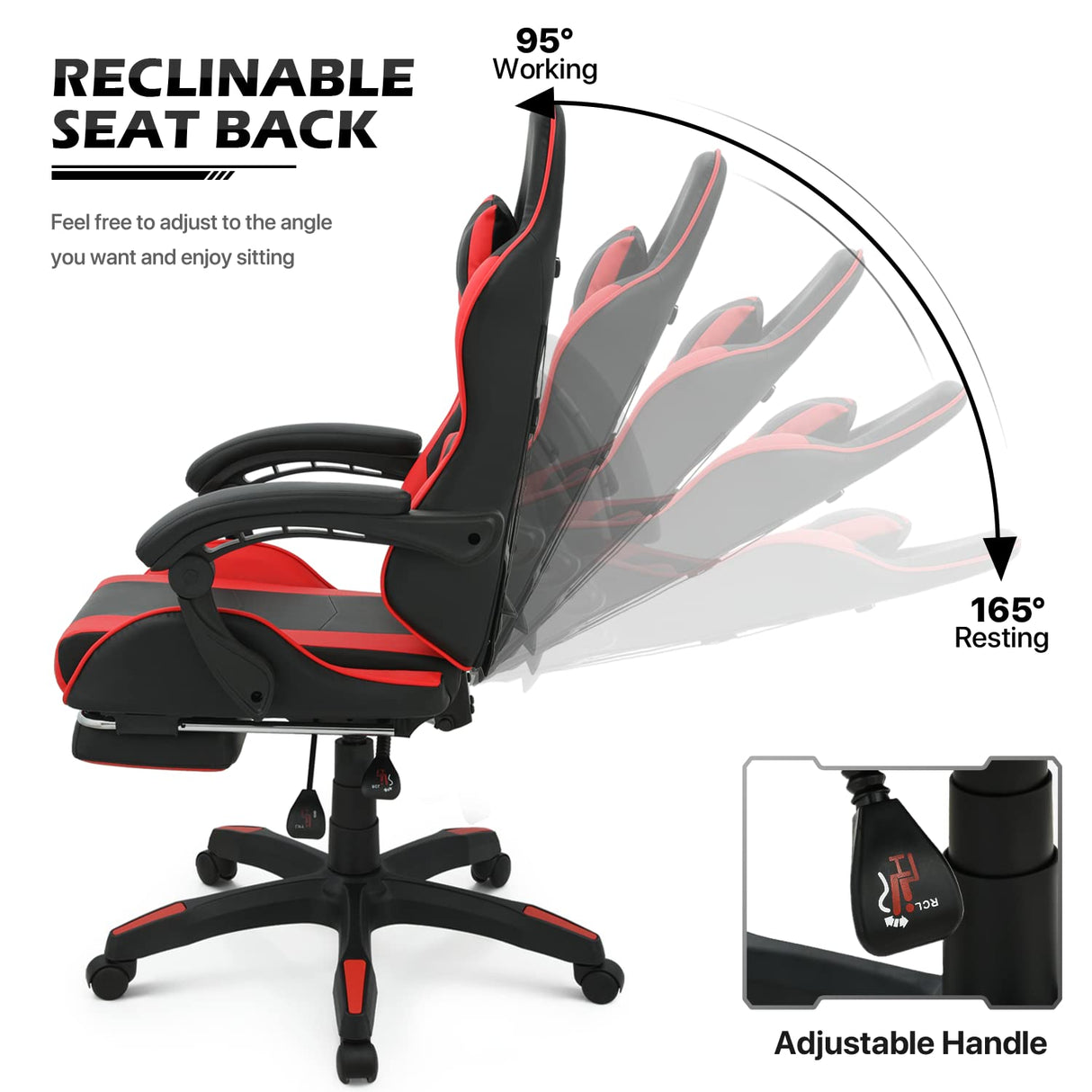 MoNiBloom Gaming Chair with Footrest High Back Video Game Chair with Headrest & Lumbar Support Height Adjustable Leather Swivel Computer Chair for Adult Teen Office or Gaming, Red MoNiBloom