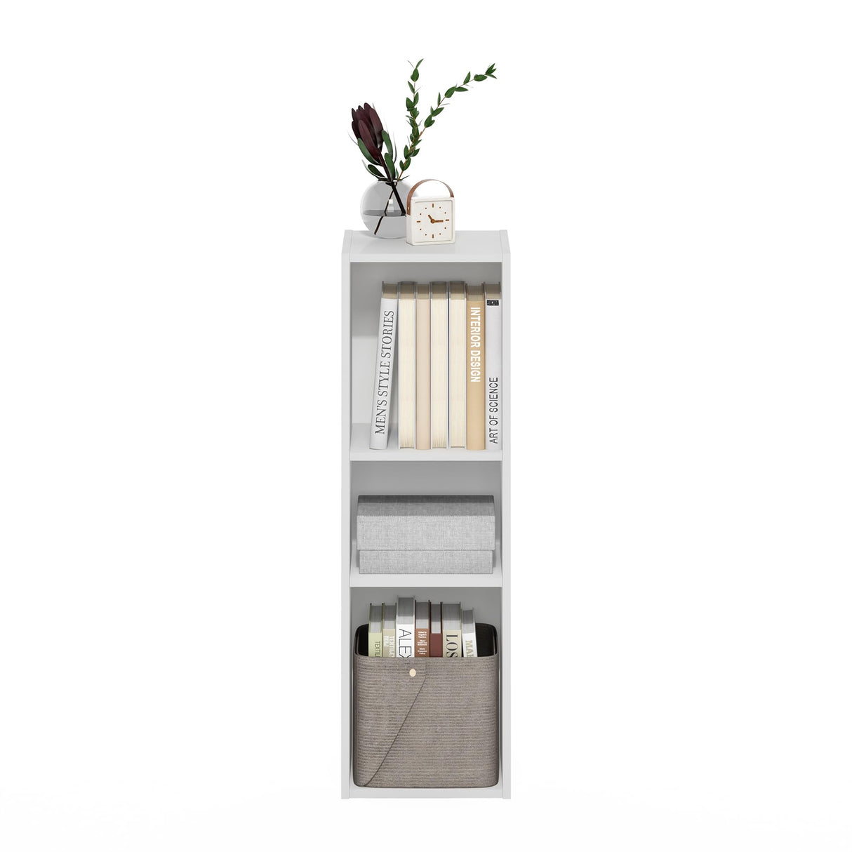 Furinno Fulda Book Shelf, 3-Tier Modern Narrow Bookshelf, 10-in Width Bookcase, 9.3" x 9.8" x 31.5", for Living Room, Bedroom, Home Office, White Furinno