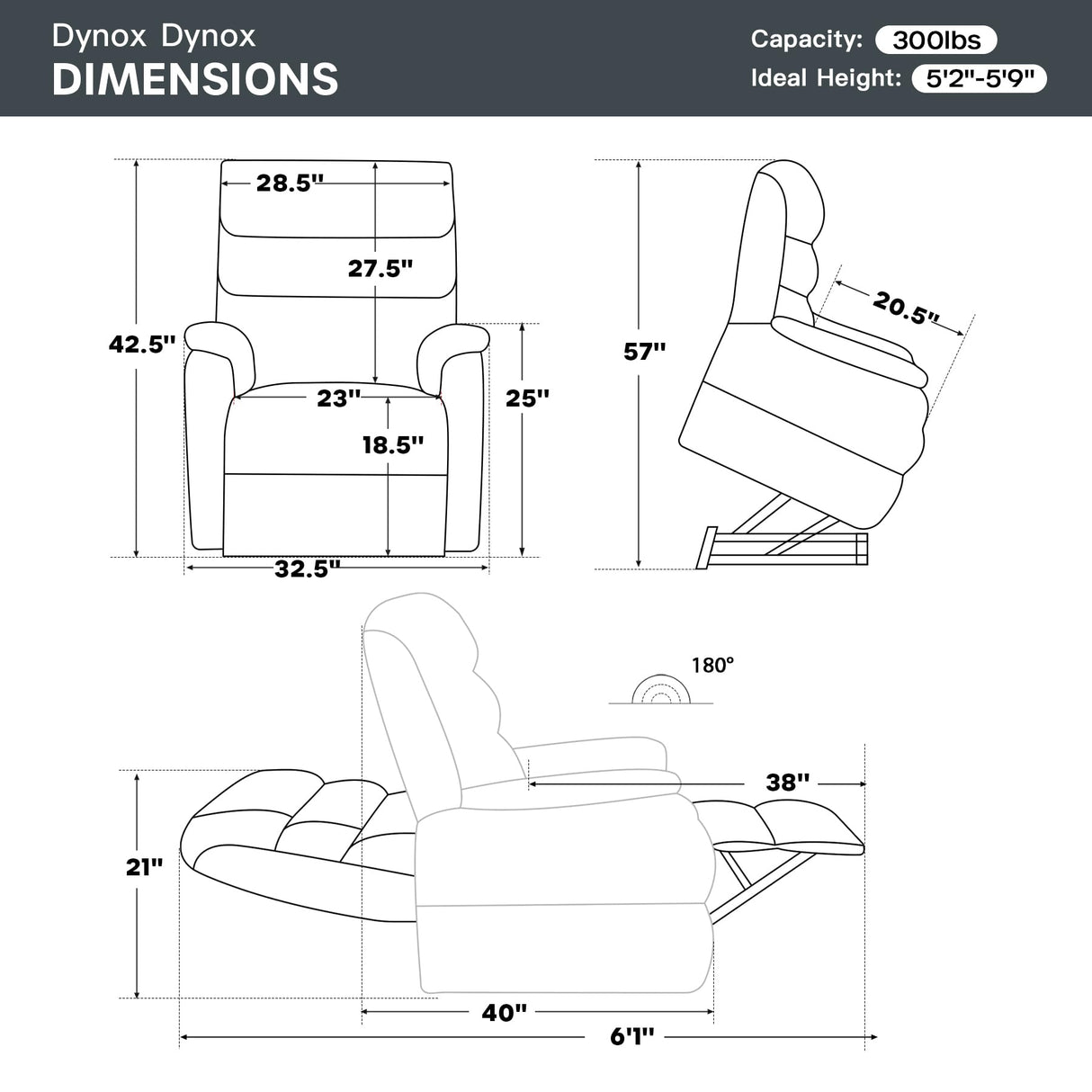 DYNOX 350 LBS Power Lift Recliner Chair for Elderly, Medium Size Dual Motor Lay Flat Infinite Positions Recliner with Heat & Massage (9188, Genuine Leather, Dark Blue) DYNOX
