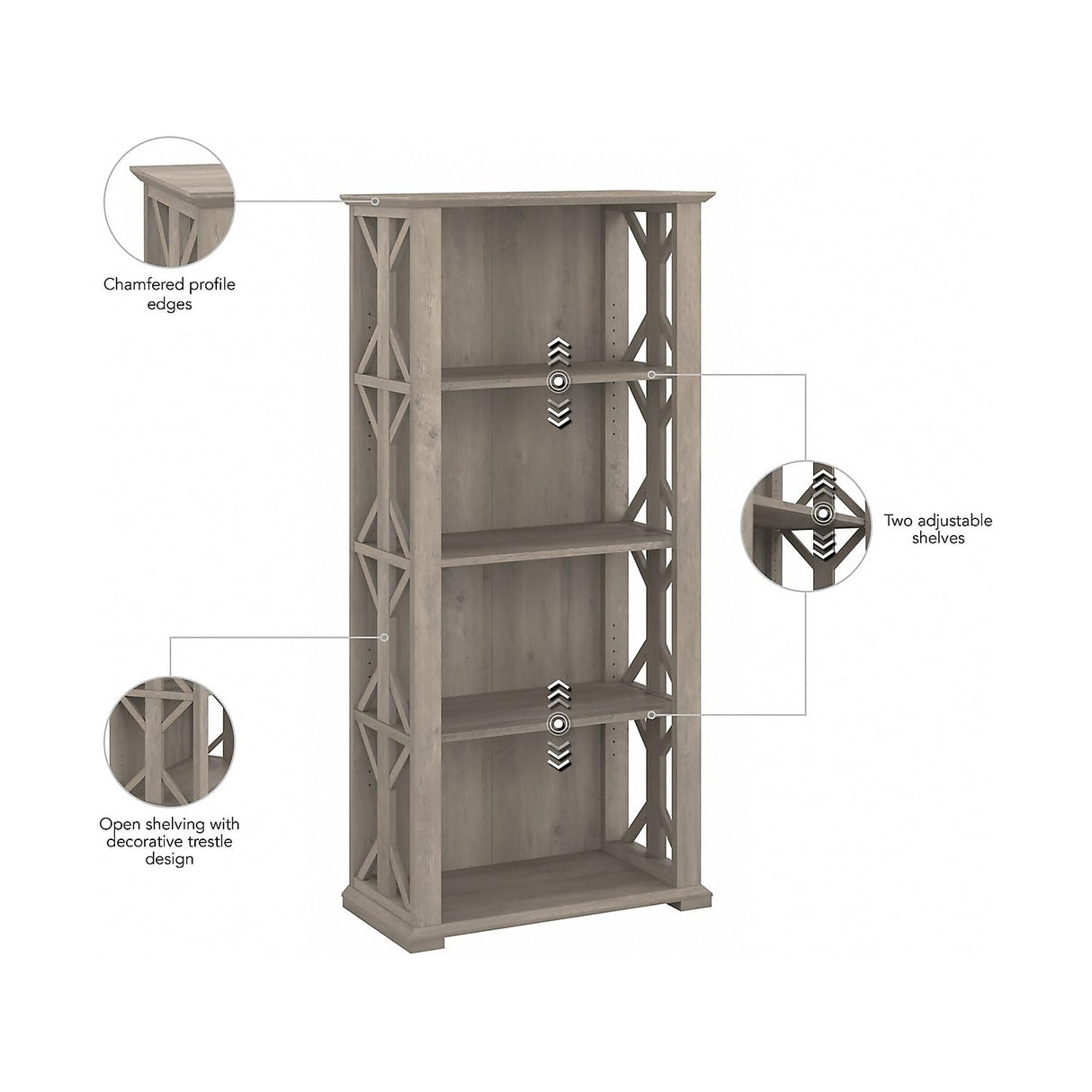 Bush Furniture Homestead 4 Shelf Farmhouse Bookcase in Driftwood Gray, Vertical Office Organizer, Home Shelving Unit for Books and Decor, Bookshelf Bush Furniture