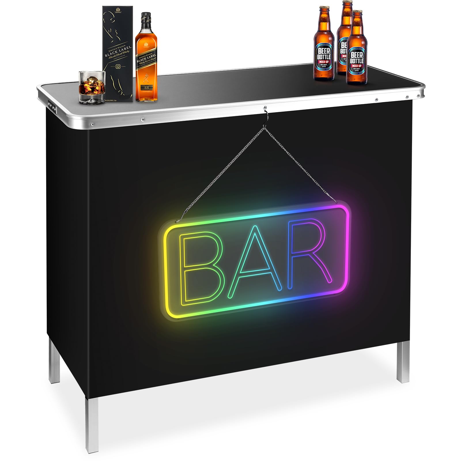 BRILLIHOOD Mirrored Pop-Up Bar Table with LED Neon Sign and Music Sync Features - WoodArtSupply