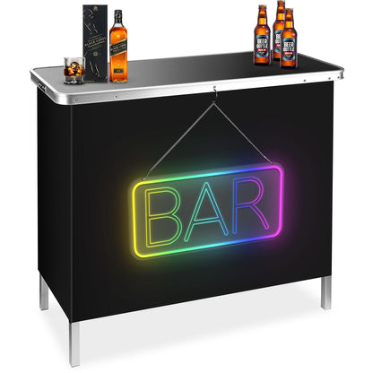 BRILLIHOOD Mirrored Pop-Up Bar Table with LED Neon Sign and Music Sync Features - WoodArtSupply