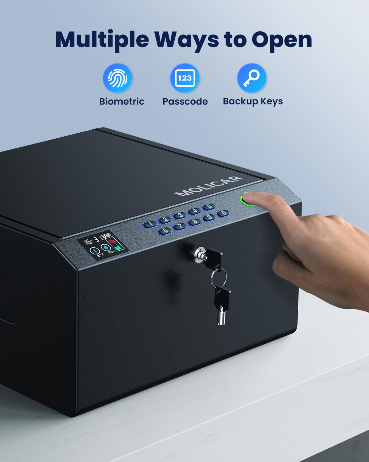 MOLICAR Gun Safe, 4-Pistol Safe with LCD of Temp Humidity Battery, Biometric Gun Safes for Handgun with USB-C Port, Fingerprint Quick Access Pistol Safe, Hand gun Safe for Home Bedside Nightstand Car MOLICAR