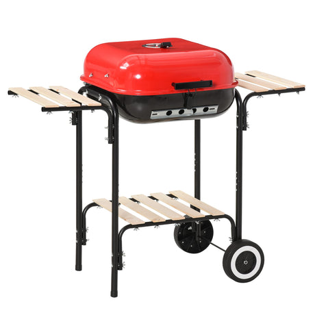 Outsunny Portable Charcoal Grill with Two Side Shelf and Bottom Shelf, BBQ Smoker with Wheels and Adjustable Vents on Lid for Picnic Camping Backyard Cooking, Black Outsunny