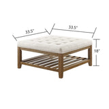 24KF Large Square Upholstered Tufted Linen Ottoman Coffee Table, Large Footrest Ottoman with Solid Wood Shelf-Ivory 24KF