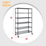 FDW 48" L×18" W×76" H Wire Shelving Unit Metal Shelf with 6 Tier Casters Adjustable Layer Rack Strong Steel for Restaurant Garage Pantry Kitchen Garage,Black FDW