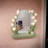 kasthamandap wooden Makeup Vanity Mirror with led Light, Handcrafted Crochet Flower Accent for Room Decoration kasthamandap wooden