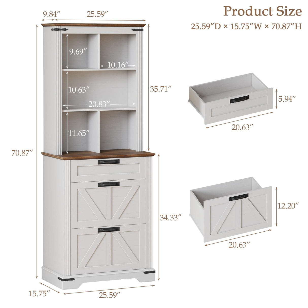 Halitaa 70" Tall Bookshelf, 3-Tier Floor Standing Bookcase with Drawers, Rustic White Farmhouse Book Shelf Wooden Display Organizer for Home Office, Living Room, Bedroom Halitaa
