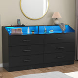 Gyfimoie 6 Drawer Dresser with Charging Station, Dresser for Bedroom with LED Light, Chest of Drawers for Closet, Modern Dressers with Open Storage Cubby, Double Wide Dressers for Living Room (Black) Gyfimoie