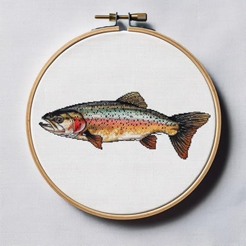Beginner DIY Stamped Cross Stitch Kit with Embroidery Hoop Pre-Printed Pattern Fishing Trout Fish DIY Needlepoint Craft Kit for Adults Includes All Supplies Wall Art Decor Gift 33x33cm (196)