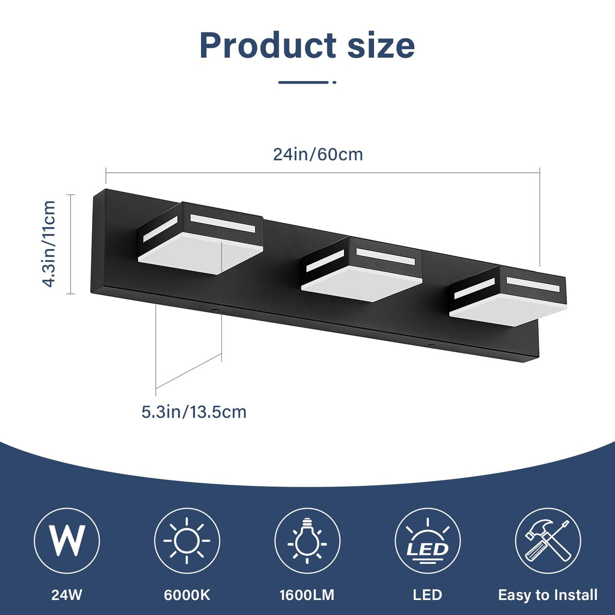 Donrao LED Modern Bathroom Vanity Light Fixtures (3-Light, 24-Inch), Acrylic Matte Black Bathroom Wall Lighting Fixtures Over Mirror (Cool White 6000K) with Rotatable Vanity Lights Heads Donrao