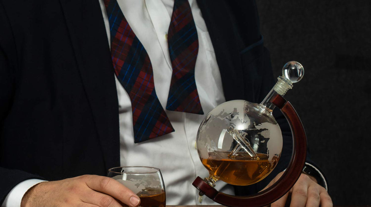 Etched World Decanter whiskey Globe - The Wine Savant Whiskey Gift Set Globe Decanter with Antique Airplane, Whiskey Stones and 2 World Map Glasses, Pilot Gift - Alcohol Related Gift, HOME BAR DÉCOR The Wine Savant