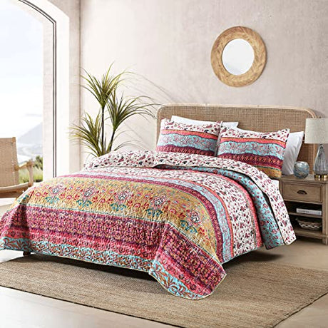 Boho Style Twin Size Quilt Set Reversible Bohemian Floral Strip Quilt Beddding Set, Soft and Lightweight Bedspread for All Season,XL Twin Bed Coverlet with 1 Matching Pillow Sham (2 Pieces) HORIMOTE HOME