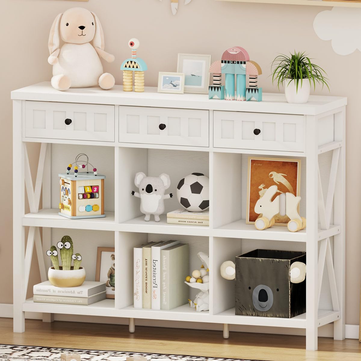 FATORRI 6 Cube Storage Bookshelf with 3 Drawers, Long Horizontal Bookcase, Modern Cubby Organizer Shelf (White Oak, 47 Inch) FATORRI