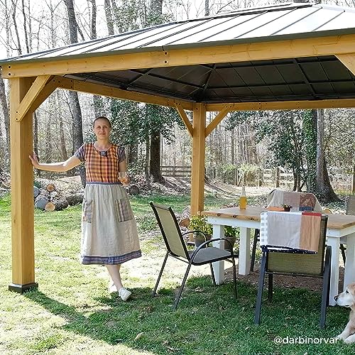 Sunjoy Hardtop Gazebo 11 x 13 ft. Standard Cedar Framed Wood Gazebos with Brown Steel and Polycarbonate Hip Roof for Garden, Backyard Shade, Brown Roof + Natural Wood Frame Sunjoy