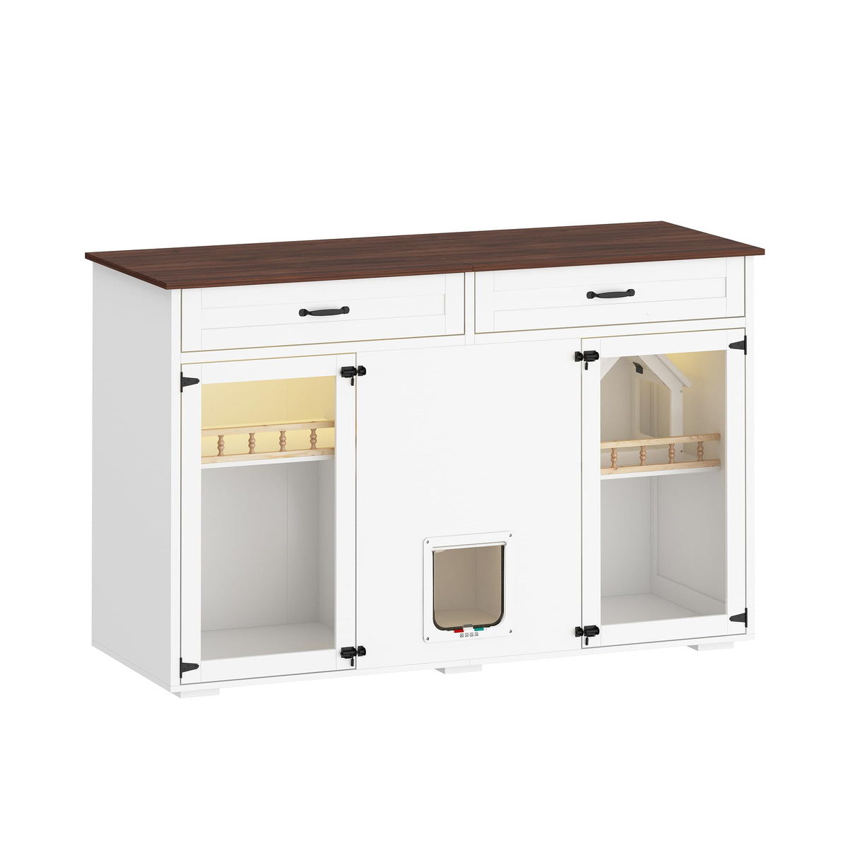 DAWNSPACES Enclosed Cat Litter Box Enclosure, Hidden Kitty Litter Furniture with 2 Large Drawers, 2 Glass Doors, LED Light and Cat Scratching Post DAWNSPACES