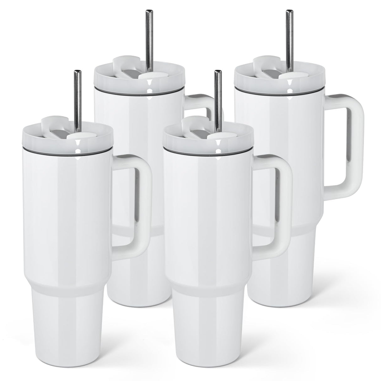AGH 4 Pack 40 oz Sublimation White Tumbler with White Handle and Stainless Steel Straw, Insulated Double Wall Vacuum Reusable Cups with White Leakproof Lid AGH