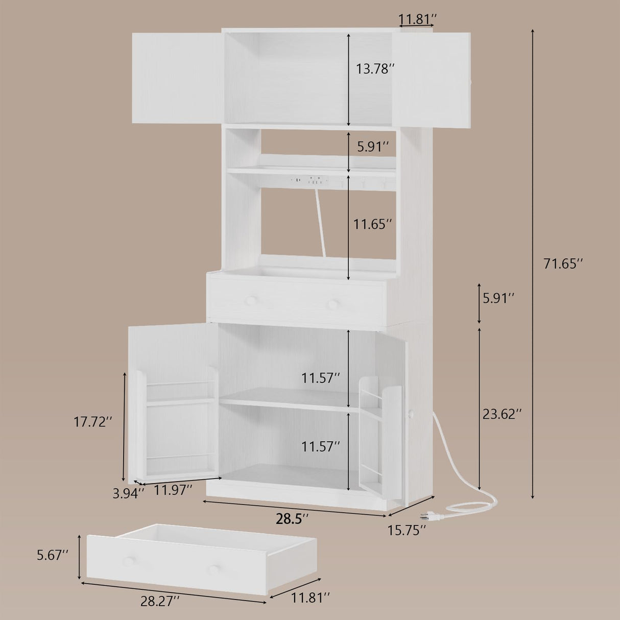 Pantry Cabinet with Power Outlet & LED Light, Tall 71 inch Kitchen Storage Shelves with Drawer, Coffee Bar Table with Doors & Adjustable Shelves, Freestanding Cupboard Bakers Rack with Hutch, White Korfile