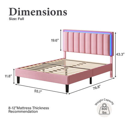 Full Size Bed Frame with LED Lights, Upholstered Platform Bed with PU Leather Headboard, Mattress Foundation with Wooden Slats Support, No Box Spring Needed, Easy Assembly, Pink