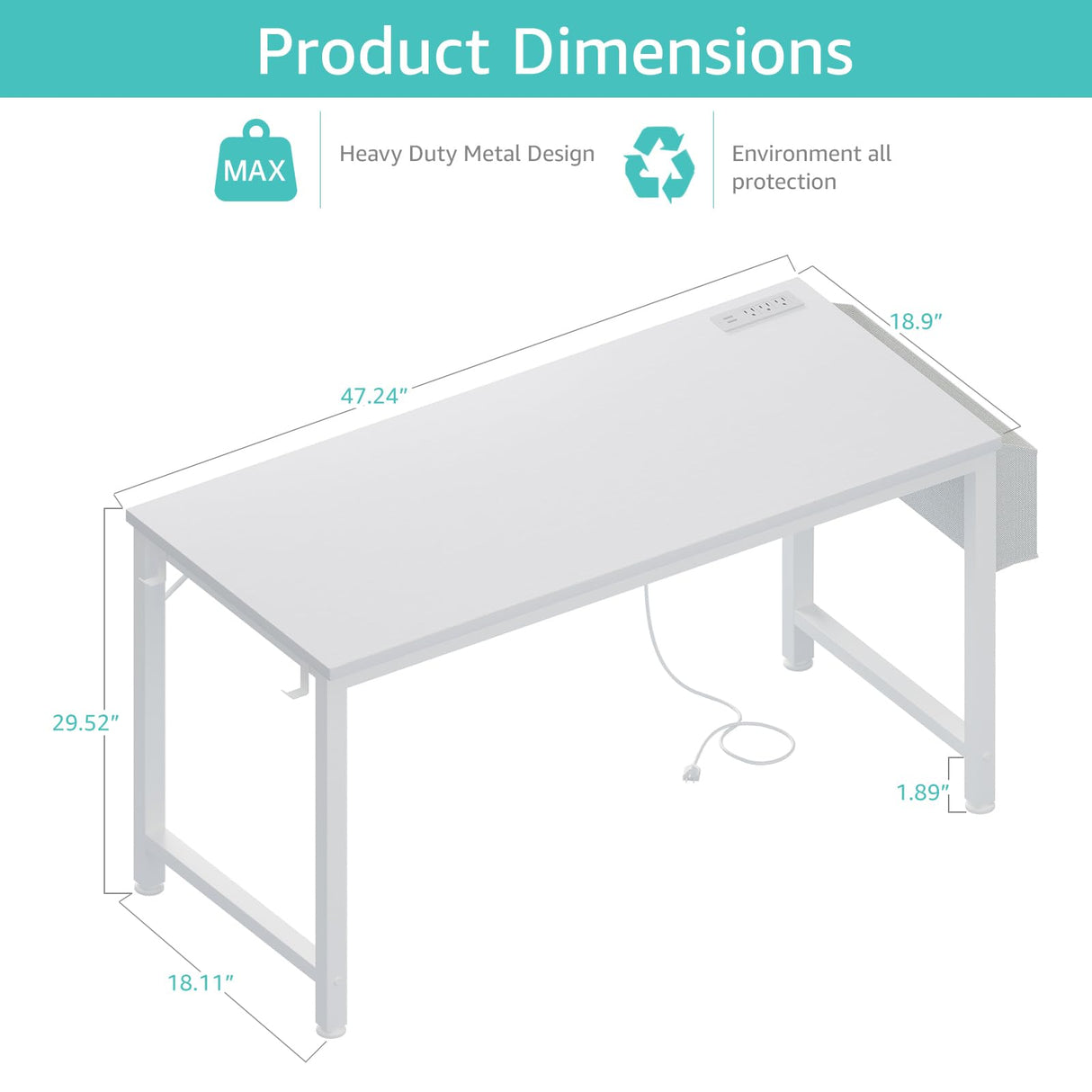 Lufeiya White Computer Desk with Power Outlet, 47 inch Teen Study Table Home Office Work Writing Gaming Desks with Charging Station Outlets Built in, White Lufeiya