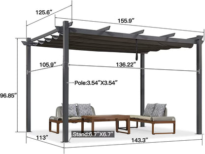 PURPLE LEAF 11' X 13' Outdoor Pergola with Retractable Canopy Aluminum Shelter for Porch Garden Beach Sun Shade Grape Trellis Pavilion Grill Gazebo Modern Backyard Deck Metal Patio Pergola Gr - WoodArtSupply