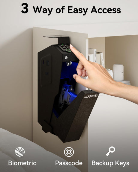 SOOWAY Biometric Pistol Safe Fingerprint Quick Access Gun Safe for Handgun, Drop Down Mounted with 3 Ways Unlock Gun Lock Box for Car, Nightstand, Desk, Wall, Dresser SOOWAY