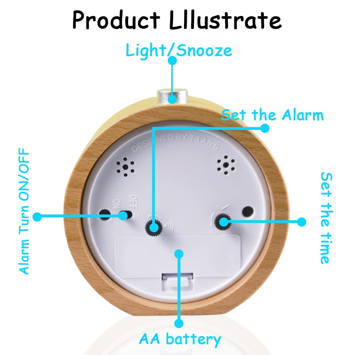 EC VISION Handmade Classic Small Round Silent Table Snooze Beech Wood Alarm Clock with nightlight EC VISION