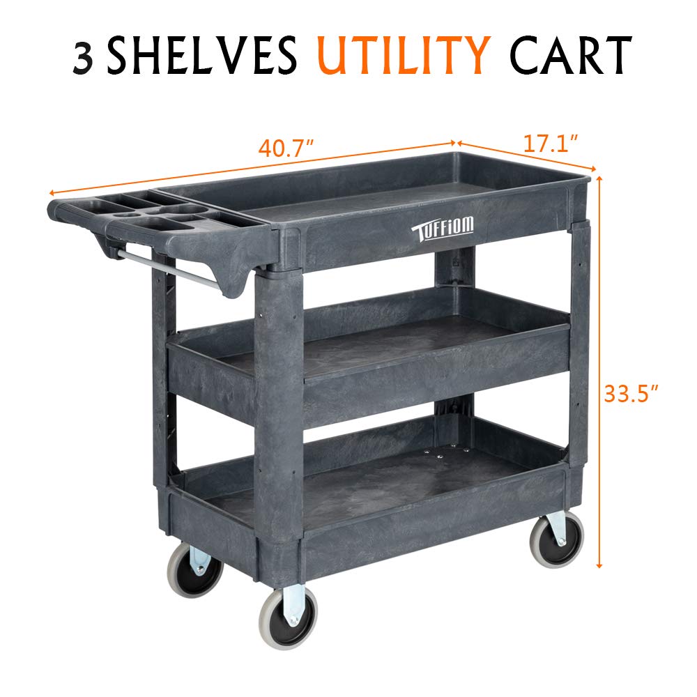 TUFFIOM Plastic Service Utility Cart with Wheels, 550lbs Capacity, Heavy Duty Tub W/Deep Shelves, Multipurpose Rolling 3-Tier Mobile Storage - WoodArtSupply