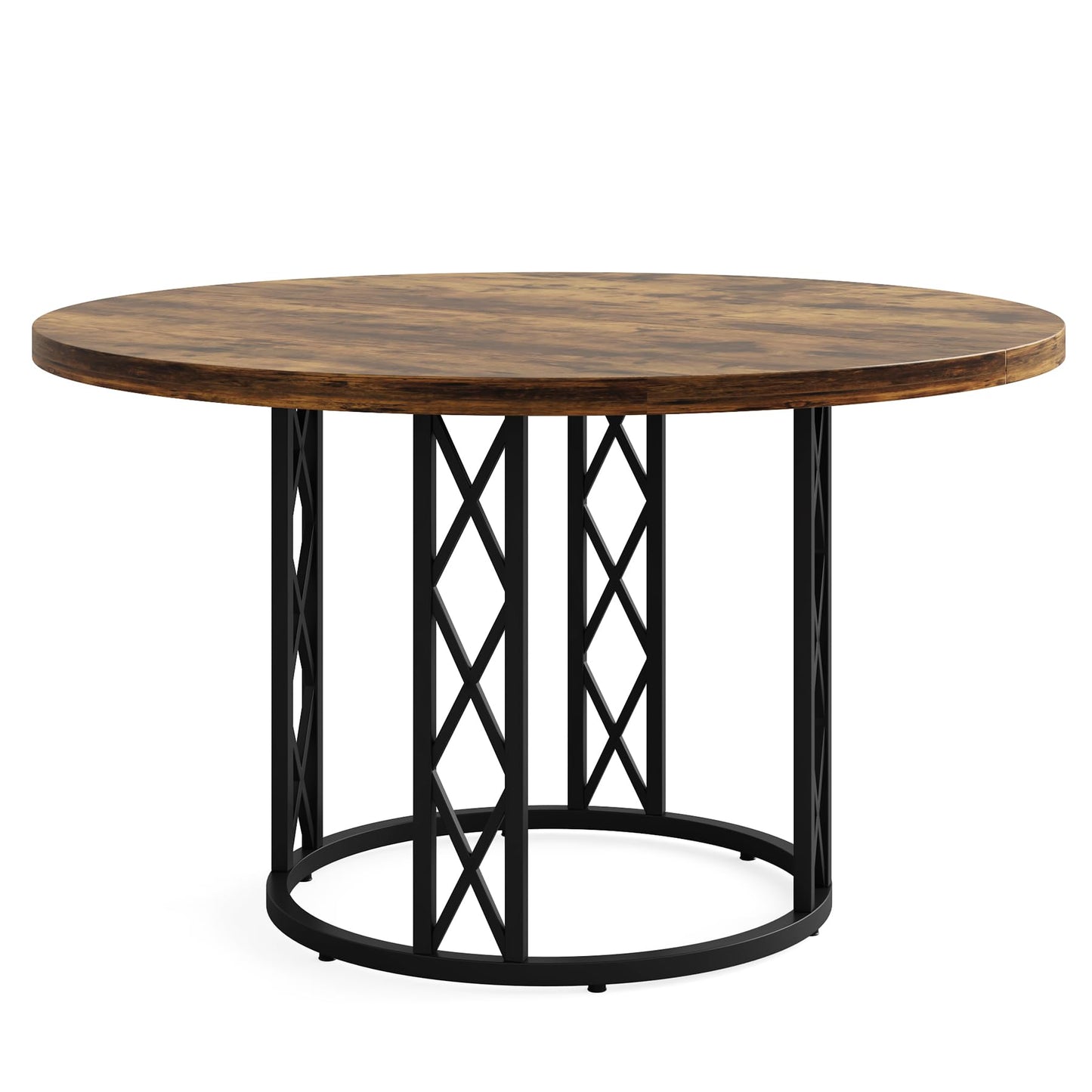 Tribesigns Round Dining Table for 4 People, 47" Modern Kitchen Table with Wood Grain Surface & Metal Base, Rustic Round Table for Dining Room, Living Room, Brown & Black（Only Table）
