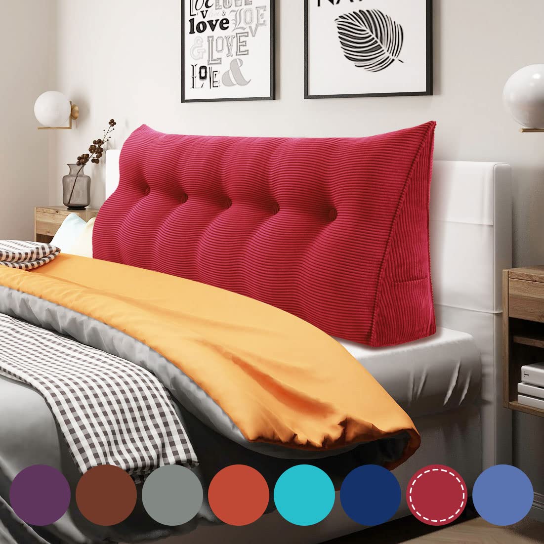 WOWMAX Headboard Pillow Bed Wedge Pillow for Headboard Bolster Pillow for Bed Back Pillow for Sitting in Bed Wedge Pillow Headboard for Day Bed Bunk Bed with Removable Cover, (59x8x20inch, Red) WOWMAX