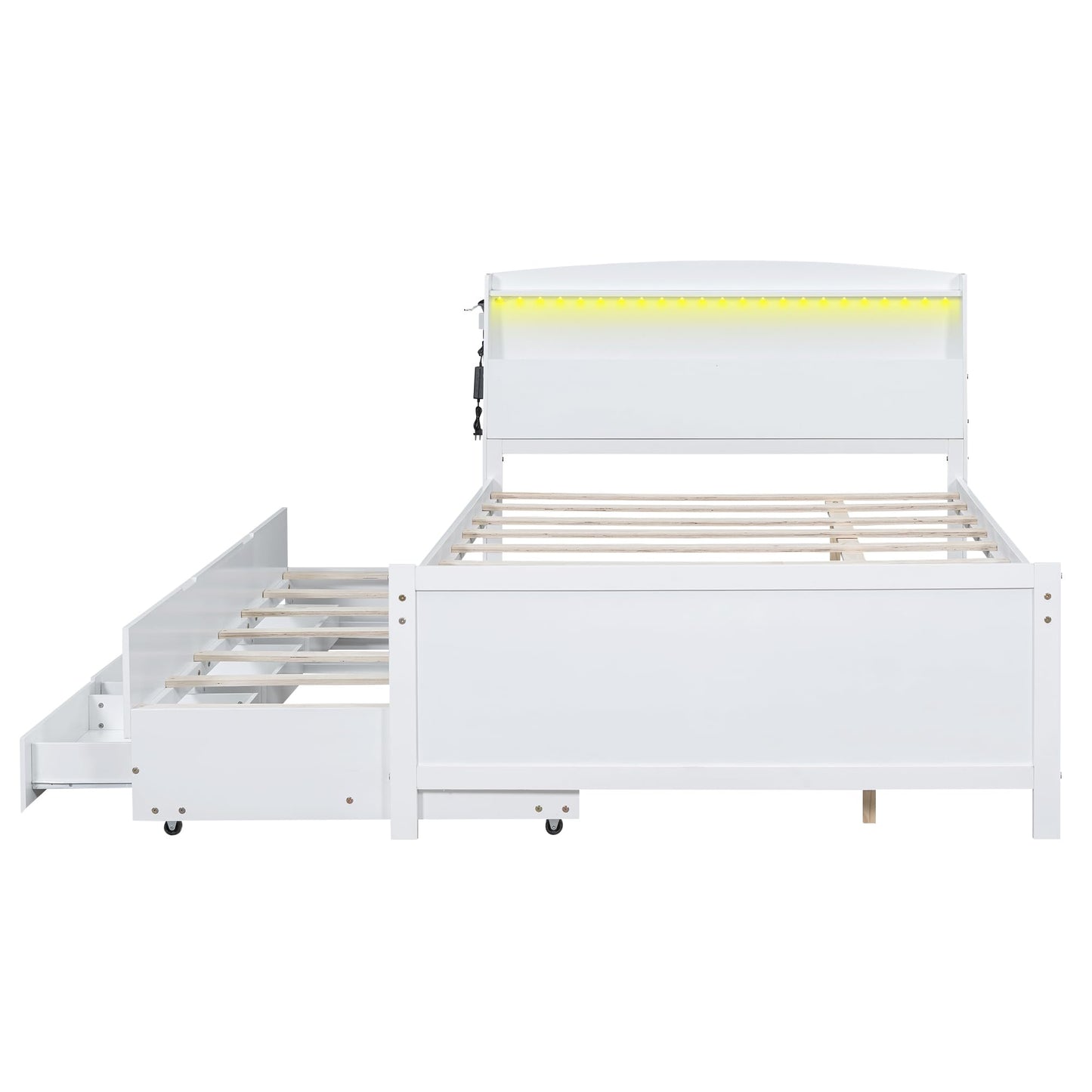 Harper & Bright Designs White Full Size Bed with Trundle, LED Bookcase Headboard and Storage Drawers - WoodArtSupply