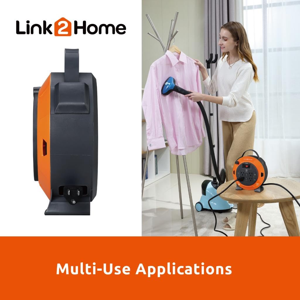 Link2Home Heavy Duty Retractable Extension Cord Reel 20 Ft. With 4 Outlets, 2 USB Ports & 16 AWG 3-Prong SJT Cord Link2Home