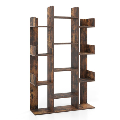 Giantex Rustic Brown 7-Cube Tree Bookshelf with 13 Open Shelves - Stylish Corner Storage Organizer for Living Room and Study - WoodArtSupply