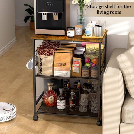 ThreeHio Rolling Kitchen Microwave Cart, 3 Tier Microwave Table Stand with Storage, Kitchen Utility Cart on Lockable Wheels, Small Coffee Cart Shelf Rack Organizer for Living Room Office, Balcony ThreeHio