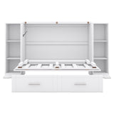 Full Size Murphy Wall Bed With Storage and Bookcase Headboard, Solid Wood Cabinets, Shelves, Drawers and USB Ports, Multi-Function Platform for Home Office, Guest Room (White) MERITLINE