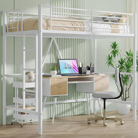 VECELO Loft Bed Twin Size, Metal Bedframe with Removable Ladder and Safety Guardrail, No Box Spring Needed, Space Saving, Noise Free, Pure White VECELO